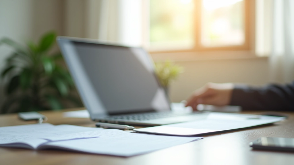 Secretária moderna com portátil e documentos sobre configuração de email, luz natural de janela, ambiente profissional limpo