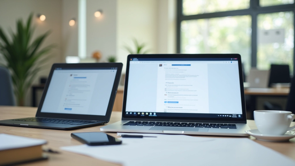 Espaço de trabalho moderno com múltiplos dispositivos mostrando configuração de email