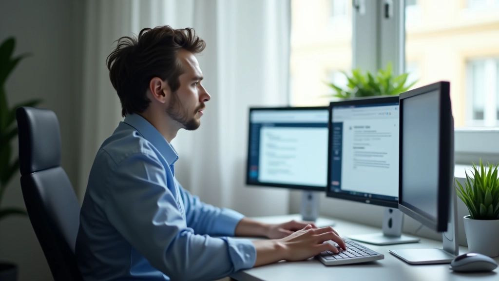 Pessoa a olhar para três ecrãs diferentes com aplicações de email abertas